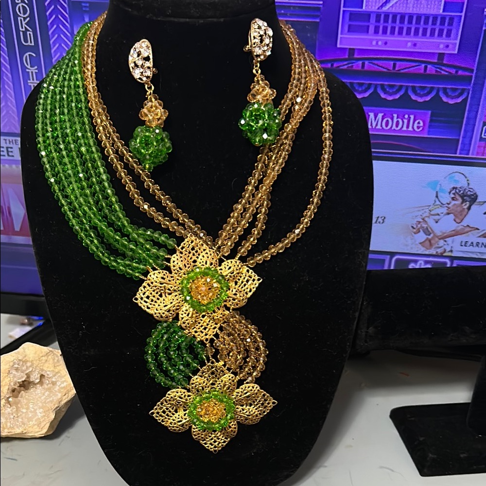 Green and Gold Multi-Layered Necklace with Intricate Metalwork